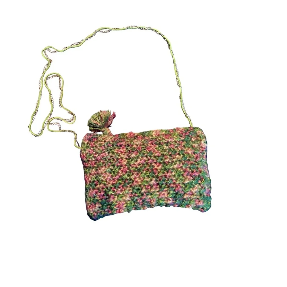 Handmade Crochet Crossbody Bag Multi‎ Color Pink Green Boho Tassel Chain Strap